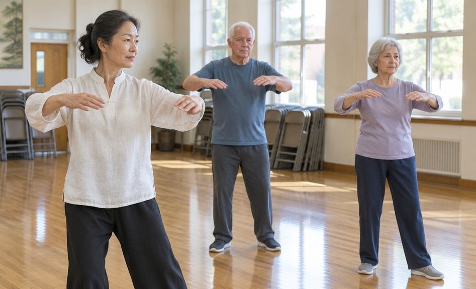 An instructor in a community center hall guiding two older adults through a slow arm movement