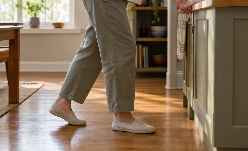 Close-up of feet in flat shoes shifting weight slowly on a wooden floor beside a kitchen counter, one hand resting on the counter