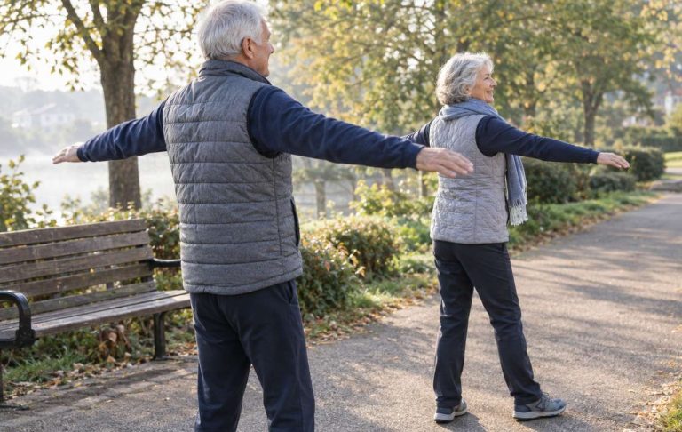 Two older adults doing arm circles beside a park bench before a walk