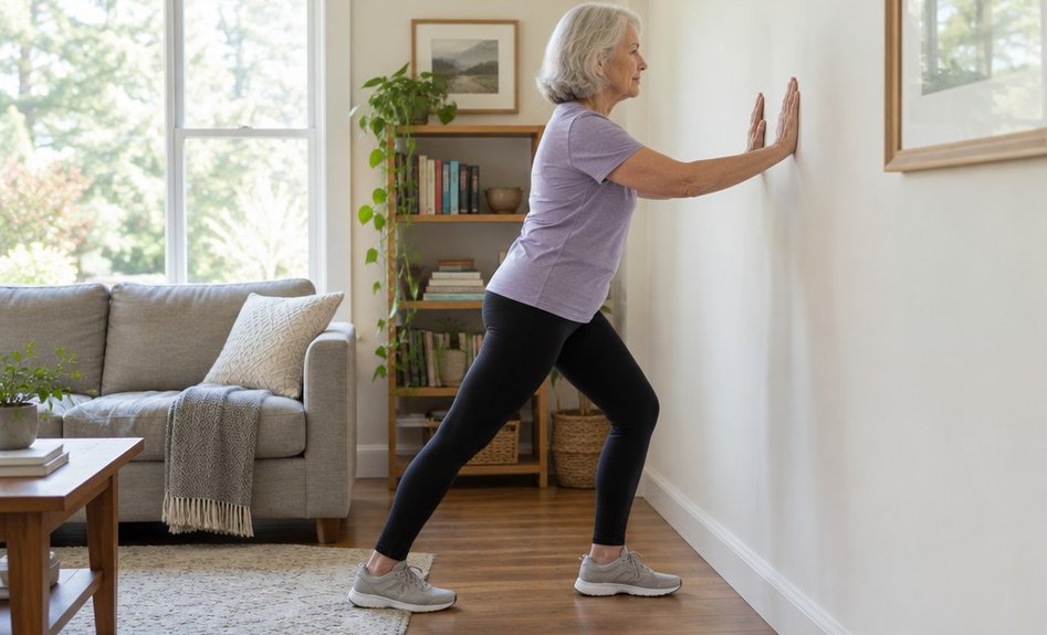 An older woman holding a gentle calf stretch against a wall at home