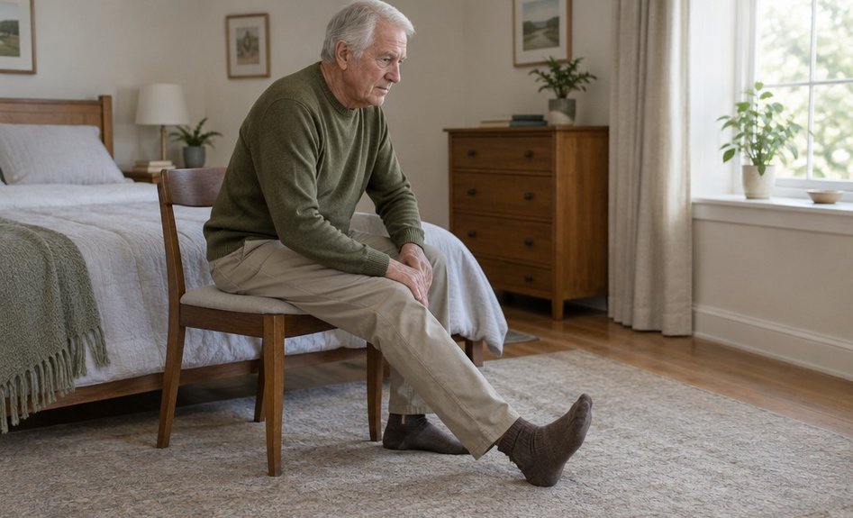 An older man seated on the edge of a chair stretching the back of one leg