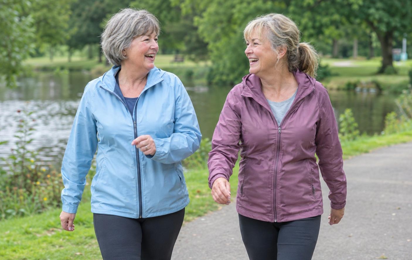 Two friends in their sixties chatting while walking briskly, showing a talk-test pace