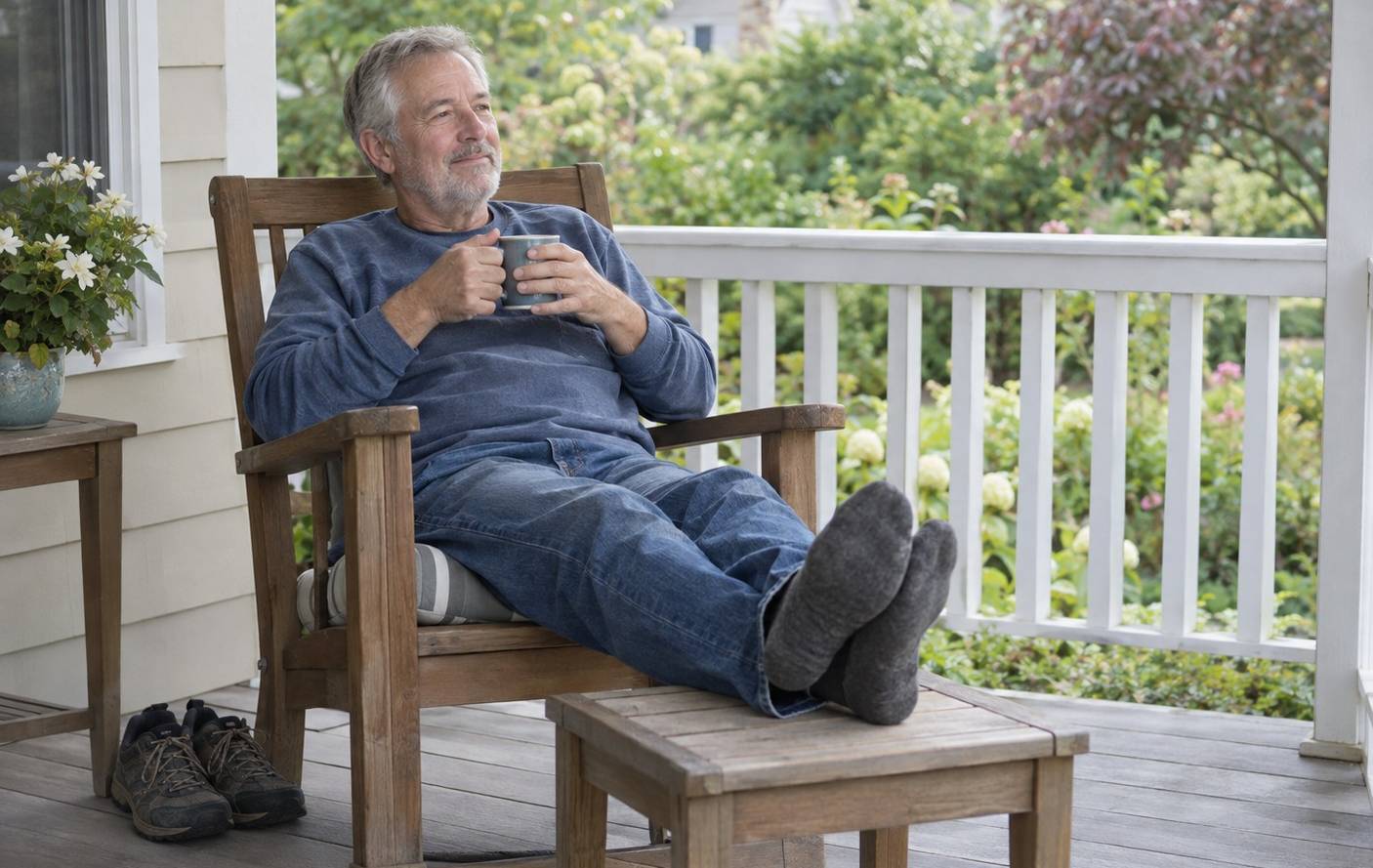 A man in his sixties resting on a porch chair with tea after a workout day