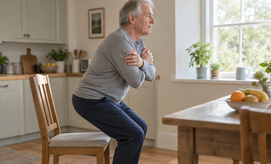 An older man standing up from a dining chair with his arms crossed over his chest