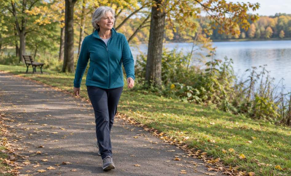 An older woman walking briskly on a park path in early autumn