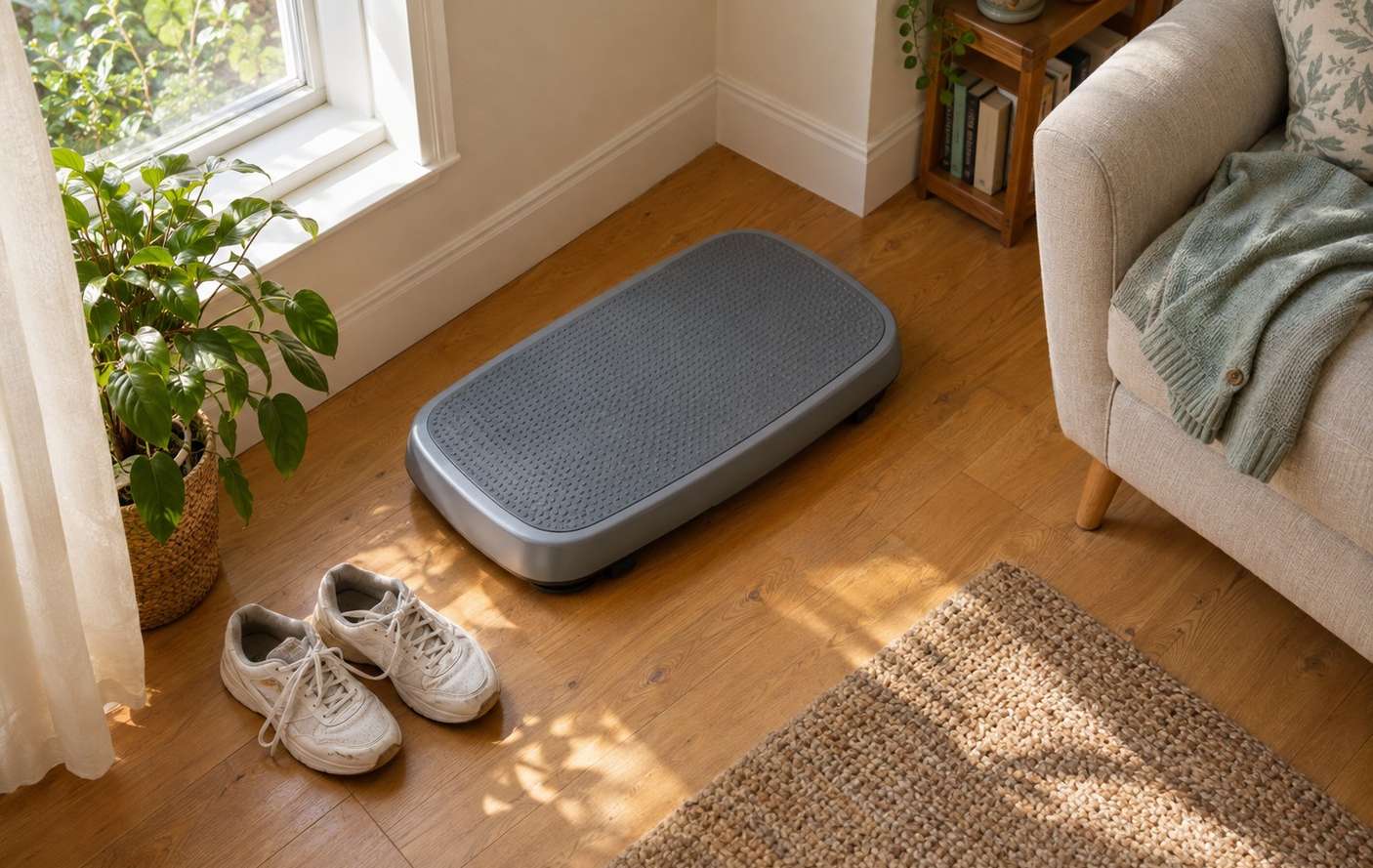 A plain vibration plate on a living room floor next to a pair of walking shoes