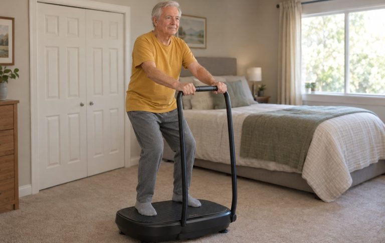 An older man standing on a vibration plate holding its handlebar with both hands