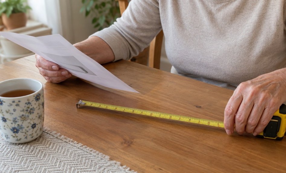 An older woman's hands holding a tape measure over a product sheet at a kitchen table