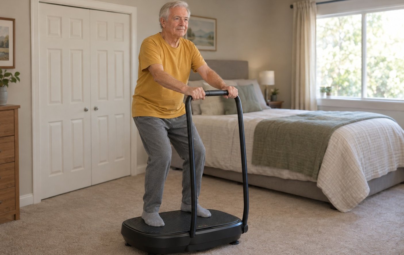 An older man standing on a vibration plate holding its handlebar with both hands