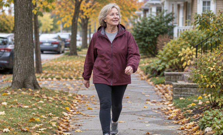 A woman in her 60s walking briskly along a tree-lined neighborhood sidewalk in autumn, arms swinging