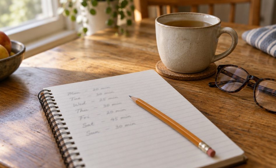 A notebook with handwritten walking minutes beside a cup of tea on a kitchen table