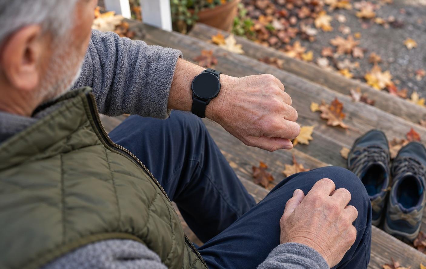An older man's hand turning his wrist to look at a plain fitness watch while sitting on porch steps after a walk