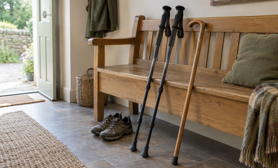 A pair of walking poles and a wooden cane leaning against a hallway bench