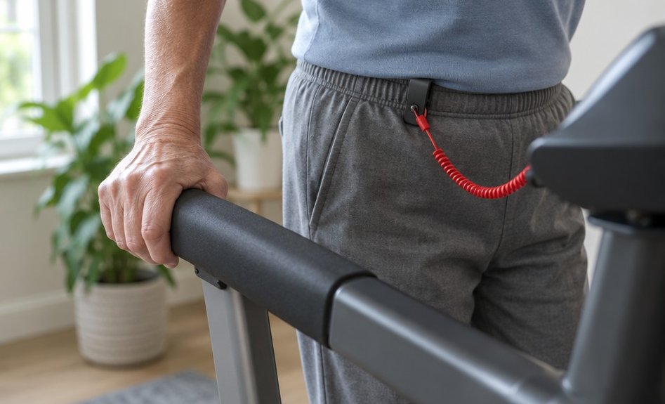 Close-up of an older person's hand gripping a treadmill side rail with a safety cord clipped to their waistband