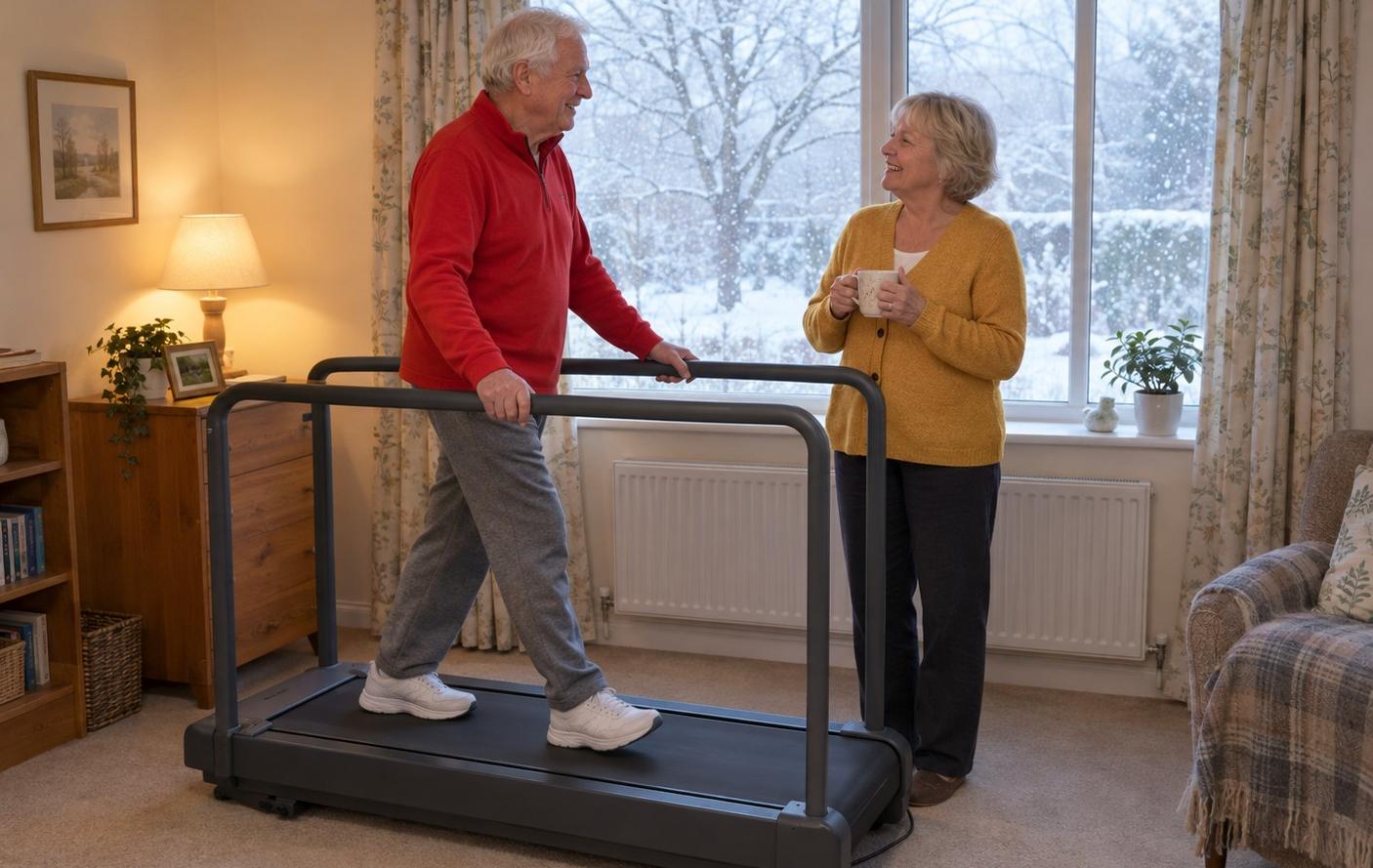 A man in his 70s walking slowly on a home treadmill with long side handrails while his wife chats beside him, snow falling outside the window
