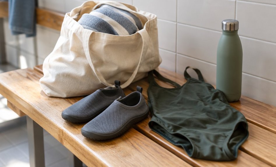 A pool bag on a wooden bench with a folded towel, water shoes and a water bottle