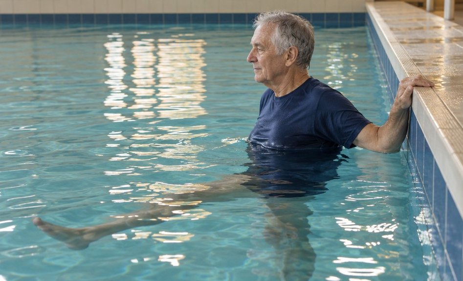 An older man in shallow water holding the pool wall with one hand and swinging the other leg forward