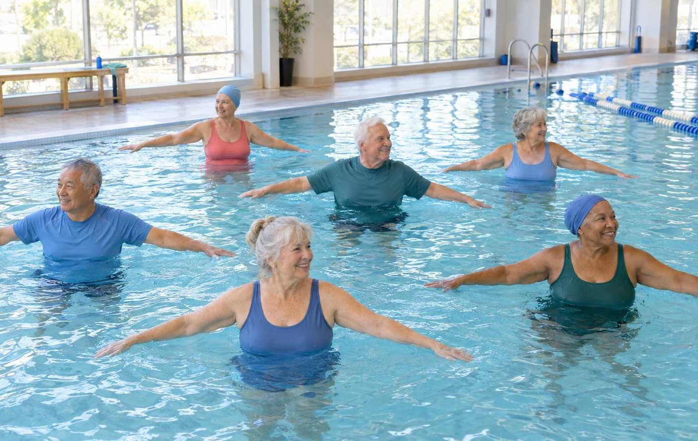 A group of older adults standing in waist-deep water in an indoor pool, arms raised, following a class