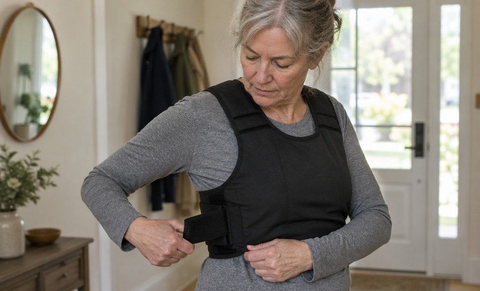 An older woman tightening the side strap of a plain weighted vest in her front hallway