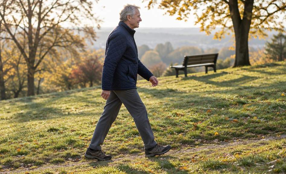 An older man walking up a gentle grassy hill path on a cool morning, no vest, steady pace