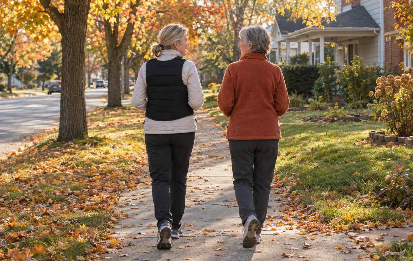 Two older women walking side by side on an autumn sidewalk, one wearing a plain black weighted vest over her jacket