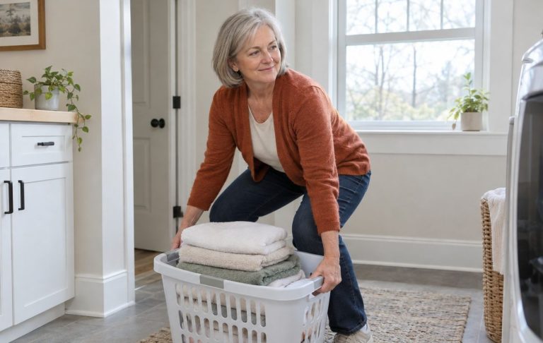 A woman in her sixties lifting a laundry basket with good form