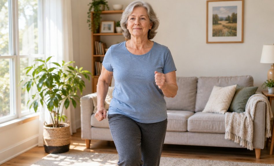 A woman in her 60s marching gently in place in her living room as a warm-up.