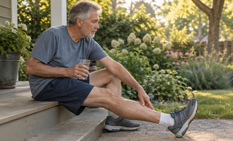 A man in his 60s sitting on a porch step drinking water after a walk.