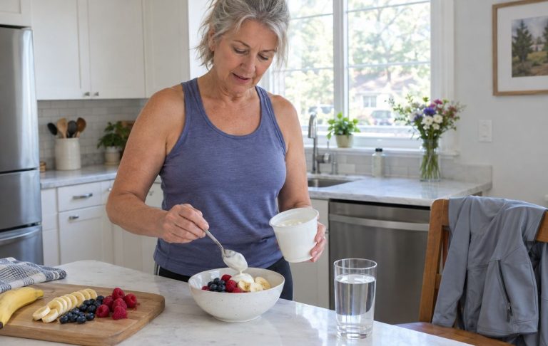 A woman in her sixties preparing yogurt with berries and a banana after a walk