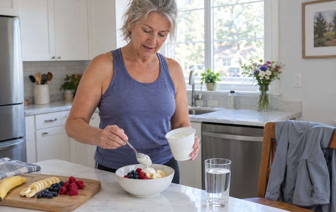 A woman in her sixties preparing yogurt with berries and a banana after a walk