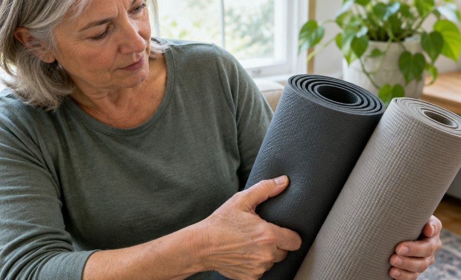 Hands pressing a thumb into the surface of a rolled yoga mat to feel its material.
